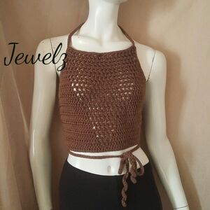 Handmade Brown Crochet Halter Crop Top by